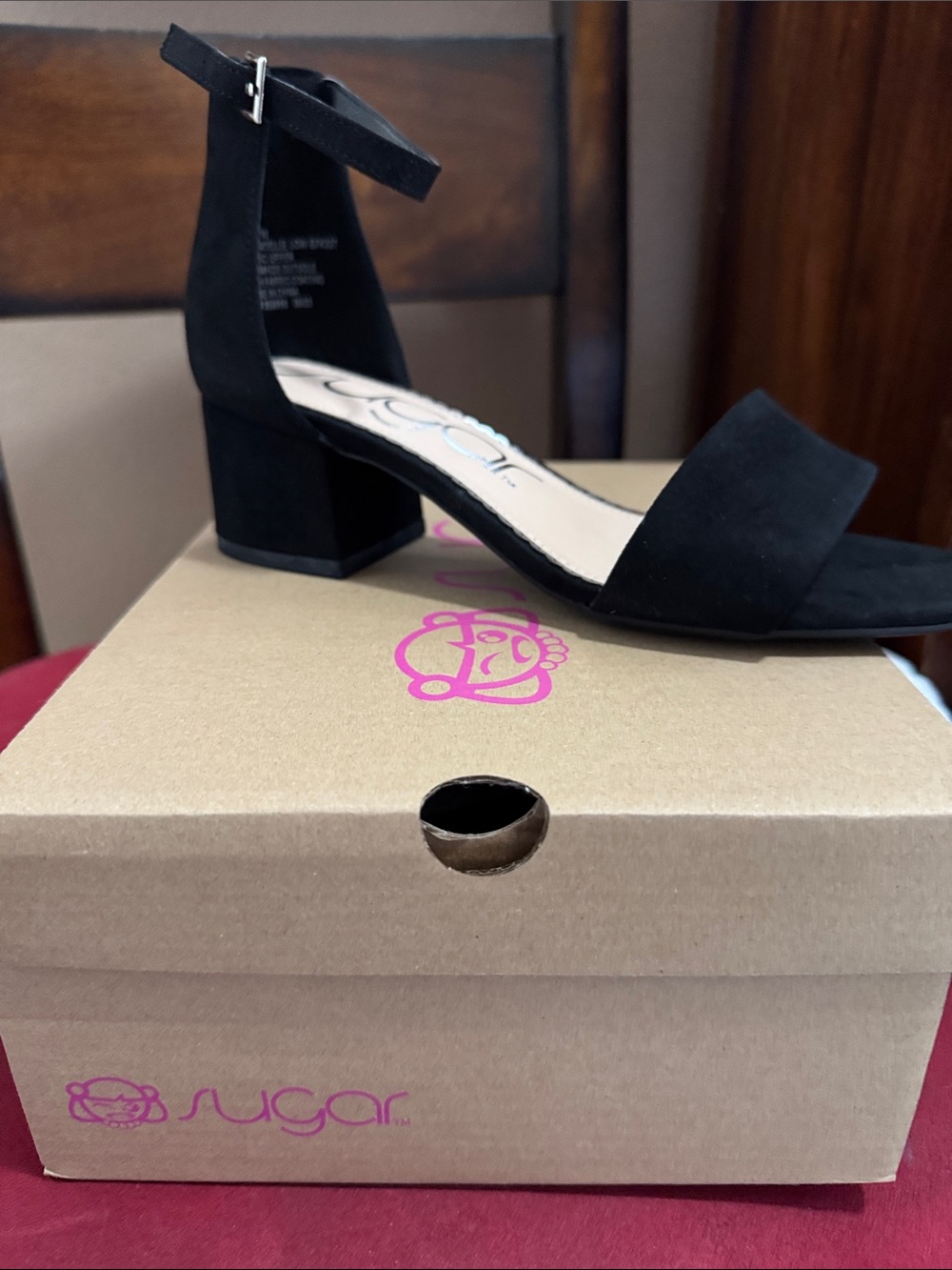 Sugar Black Suede Block Heel Sandal with Ankle Strap